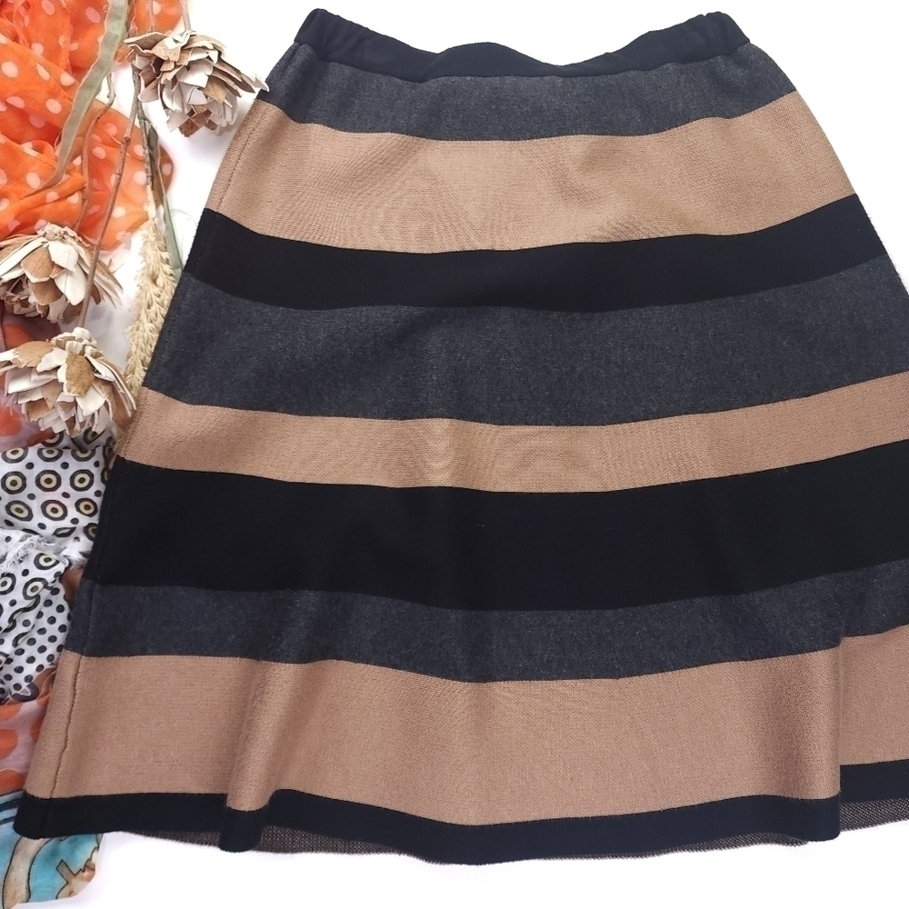 Spense Tan Black Brown Bold Stripe Color Block Sweater Skirt Size L